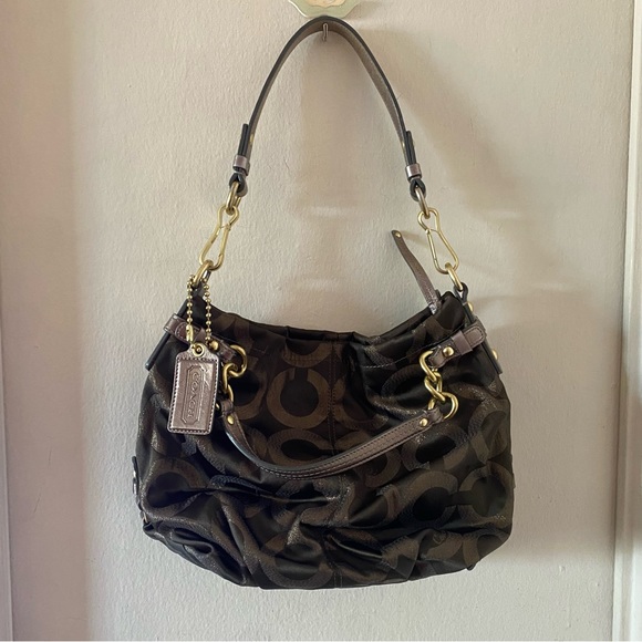 Coach Dark Olive Green Shoulder Bag with Metallic “C” Logos All Over - Picture 3 of 5